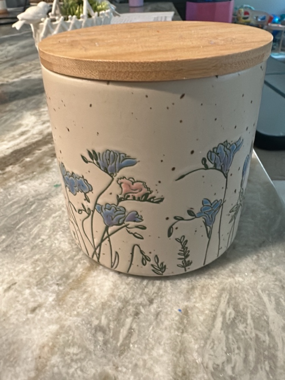 Speckled Ceramic Canister with Wood Lid - Blue & Pink Floral